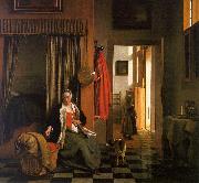 Pieter de Hooch Mother Lacing her Bodice Beside a Cradle oil